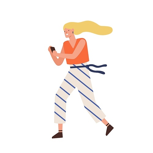 Busy woman hold cell phone. Portrait of trendy female character in a hurry. Woman running and texting on mobile phone. Flat vector cartoon illustration isolated on white .
