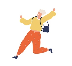 Blonde young woman in trendy clothes running fast. Enthusiastic modern female character in a hurry. Flat vector cartoon illustration isolated on white .