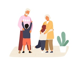 Happy grandchildren meeting and hugging grandmother and grandfather. Cute family scene. Kids visiting grandparents. Flat vector cartoon illustration isolated on white background.