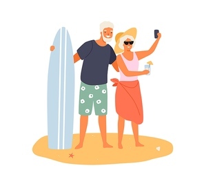 Elderly couple taking selfie on summer beach. Cheerful grandparents having summer vacation together. Husband with surfboard hug wife with cocktail. Flat vector cartoon illustration isolated on white.