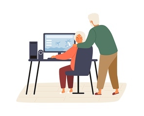 Elderly couple plan vacation trip together. Pensioners searching for tour at computer. Senior family looking for flight tickets. Flat vector cartoon illustration isolated on white.