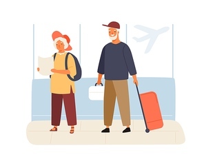 Cute elderly couple of tourists in the airport. Old man holding suitcase and woman reading map. Family going on vacation together. Flat vector cartoon illustration isolated on white background.
