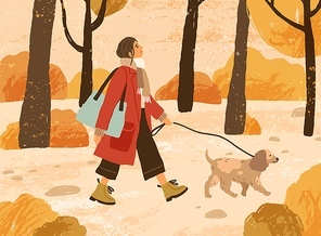Young woman in trendy warm outwear walking dog in autumn park, admiring nature. Fashionable female character with pet in the forest. Fall recreation. Colorful vector illustration in flat cartoon style