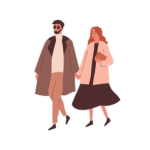 Modern couple holding hands and walking. Stylish girlfriend and boyfriend stroll outdoors. Young trendy family spend time together. Flat vector cartoon illustration isolated on white.