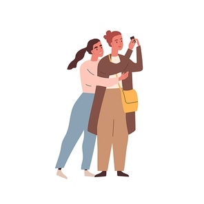 Female couple or friends cuddling and photographing together. Women hugging and taking selfie. Homosexual characters embracing and taking picture. Flat vector cartoon illustration isolated on white.