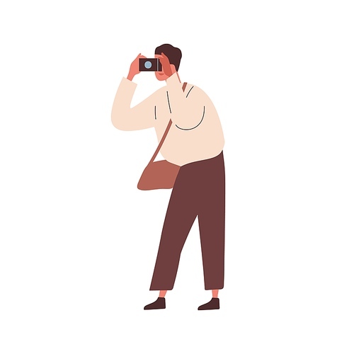 Modern man photographing. Male photographer taking picture. Tourist hold camera. Young reporter taking photo. Flat vector cartoon illustration isolated on white.