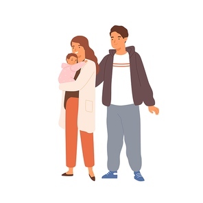 Happy young family with child standing together. Portrait of cute mother, father and infant baby isolated on white . Vector illustration in flat cartoon style.