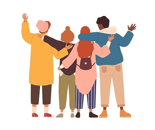 Group of young people hugging and waving hands. Students or team standing together. Friends support and unity concept. Flat vector cartoon isolated illustration on white .