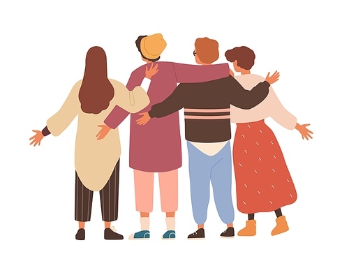 Group of men and women hugging and waving hands. Concept of friendship and team support. Friends or colleagues standing together. Flat vector cartoon isolated illustration on white.