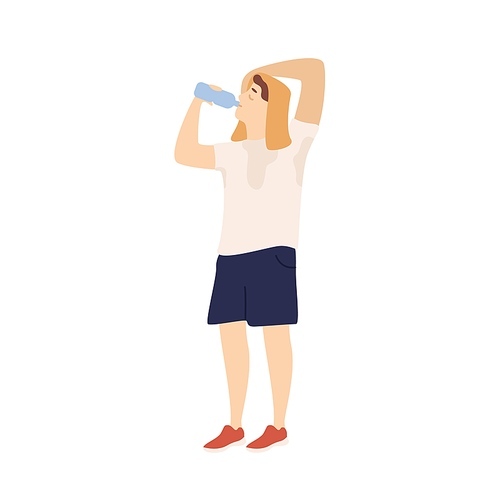 Sportsman drinking water from bottle feeling thirst after training vector flat illustration. Man with sweat covering head by towel during workout isolated. Male with refreshing beverage after sports.