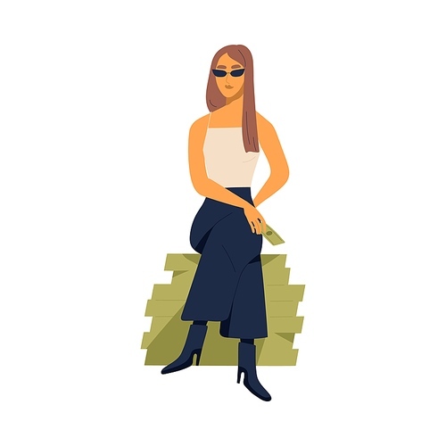 Young stylish millionaire woman sitting on large pile of money. Concept of richness and wealth. Modern rich arrogant female character. Flat vector cartoon illustration isolated on white.