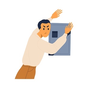Young angry man protecting closed vault. Protection of money concept. Scared rich person near metal safe, bank strongbox. Flat vector cartoon illustration isolated on white .
