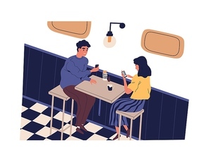 Smiling man and woman use smartphone sitting at table in cafe vector flat illustration. Happy couple surfing internet during meeting isolated. People scrolling social networks or messaging at date.