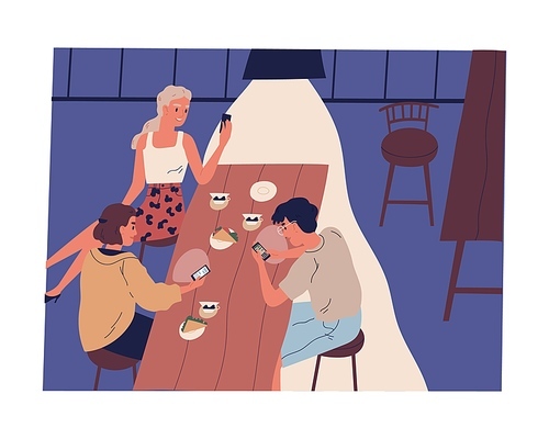 Group of happy friends use smartphone at cafe vector flat illustration. Man and woman surfing internet sitting at table with food isolated on white. Addicted people looking at screen of mobile phones.