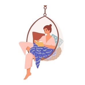 Relaxed domestic girl sitting in comfy hanging chair reading book vector flat illustration. Woman resting covered blanket surrounded by pillows isolated. Female enjoying recreation and selftime.