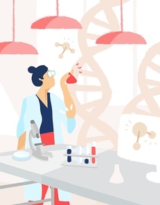 Female scientist conducting medical experiment, discovery vaccine. Woman researcher holding flask. Chemist working in laboratory. Vector illustration in flat cartoon style.