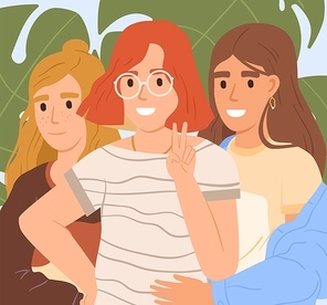 Cute happy teenagers posing together for photo. Adolescent smiling girls school friends hugging. Modern teen classmates embracing. Scene of friendship. Flat vector cartoon illustration.