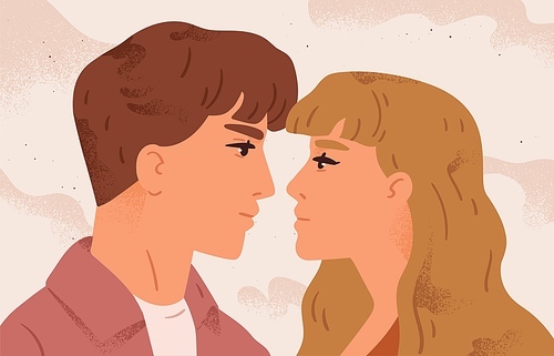 Romantic portrait of couple looking at each other. Man and woman in love together. Scene of passion and tenderness. Flat vector cartoon illustration of lovers first kiss.