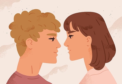 Cute couple looking at each other. Boyfriend and girlfriend in love. Passion, tenderness and romance between young man and woman. Vector illustration in flat cartoon style.