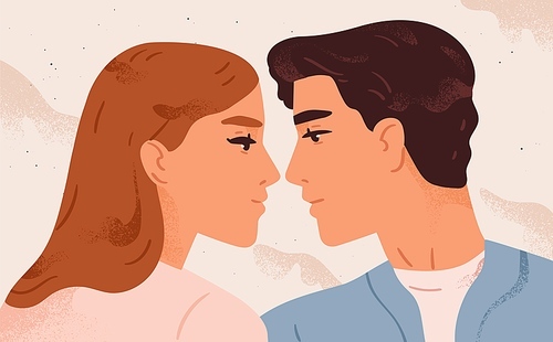 Portrait of romantic man and woman looking at each other. Cute couple in love. Romance, passion and tenderness between male and female character. Flat vector cartoon illustration of lovers first kiss.