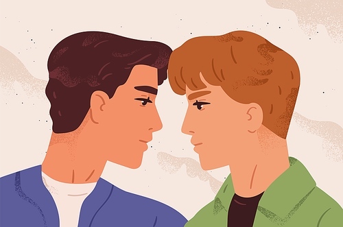Romantic portrait of homosexual couple in love. Young men looking at each other. Concept of tenderness, romance and passion in relationship. Flat vector cartoon illustration.