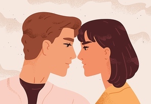 Cute portrait of romantic heterosexual couple. Young man and woman in love looking at each other. Scene of tenderness and passion in relationship. Flat vector cartoon illustration.