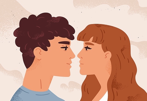 Romantic couple in love looking at each other. Portrait of enamored characters. Cute young man and woman together. Romance and passion in relationship. Flat vector cartoon illustration.