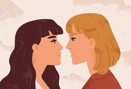 Young homosexual women in love looking at each other. Portrait of cute romantic lesbian couple. Concept of passion and romance in relationship. Flat vector cartoon textured illustration.