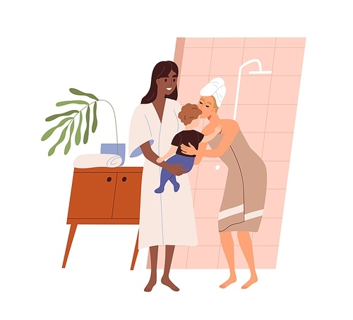 Cute homosexual family. Lesbian couple with kid. Colorful morning scene with loving lgbt parents with child in bathroom. Flat vector cartoon illustration isolated on white .