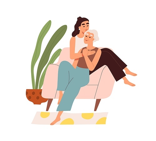 Cute elderly homosexual couple spending time at home together. Cozy scene with lgbt family hugging isolated on white. Romantic relationships and leisure. Vector illustration in flat cartoon style.