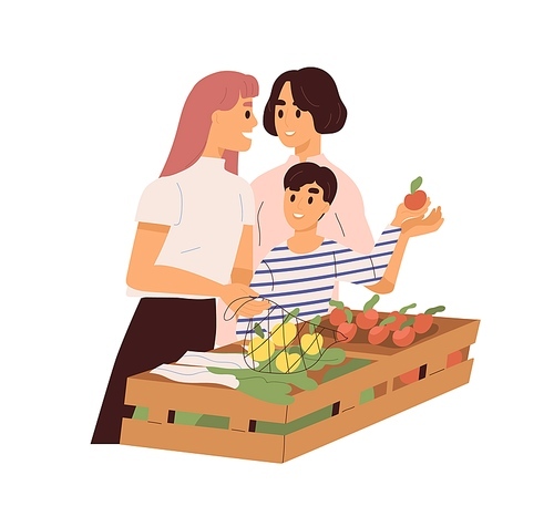 Cute homosexual couple with child buying fruits on market. Loving lesbian parents with kid at grocery. Lgbt family in the shop. Flat vector cartoon illustration isolated on white.