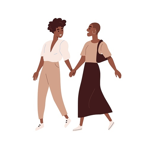 Cute homosexual couple walking together isolated on white. Colorful scene with stylish african american lesbian women on a date. Happy lgbt family. Vector illustration in flat cartoon style