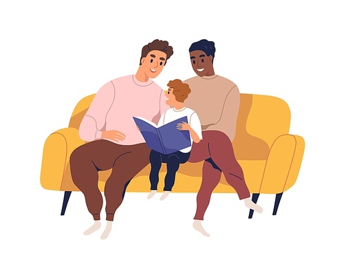 Homosexual married couple spend time together with son. Loving gay fathers and child embracing on sofa and reading book. Flat vector cartoon illustration of cute fatherhood scene isolated on white