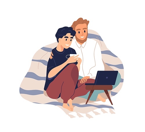 Gay couple covered with plaid cuddling and watching movie on laptop. Cute homosexual partners spend time together sitting at home. Flat vector cartoon illustration isolated on white .