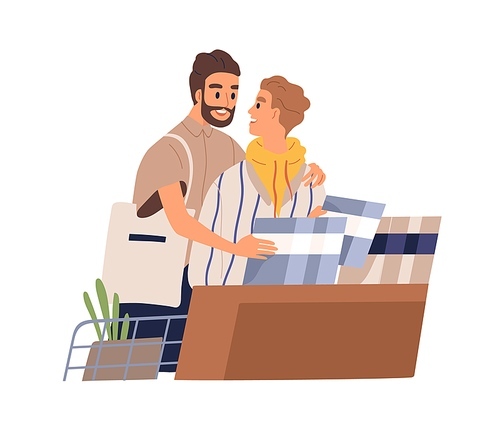 Cute gay couple shopping together. Homosexual partners hugging and choosing goods in the shop. Flat vector cartoon illustration of romantic boyfriends isolated on white.