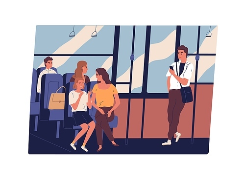 People in public transport. Men and women chatting, listening to music in earphones, looking through window and surfing internet with smartphone inside city bus. Daily life. Flat vector illustration