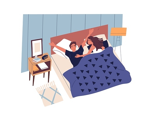 Young couple waking up in modern bedroom in morning. Sleepy guy yawning and stretching in bed. Happy smiling woman embracing man. Daily life of romantic partners. Flat vector illustration.