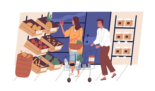 People shopping and choosing organic fruits and vegetables in grocery department store or supermarket. Man with trolley and woman with basket at shop. Buying food products. Flat vector illustration.