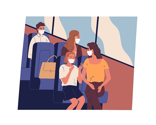 People in face masks commuting or traveling by bus during coronavirus pandemic. Male and female passengers sitting inside modern public transport while covid restrictions. Flat vector illustration.