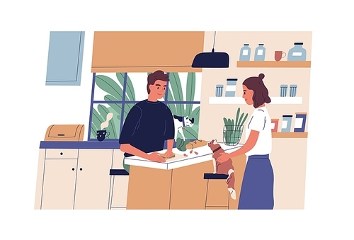 Everyday routine of young couple. Household of husband and wife. Cute family and cats at kitchen, daily home scene. Guy cooking food for breakfast or lunch. Flat vector illustration.