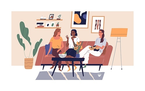 Happy smiling girlfriends sitting on comfy sofa or couch at cosy home. Three diverse multiethnic women chatting in modern scandinavian living room. Female friendship. Flat vector illustration.