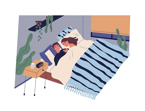 Young couple sleeping together cuddling under blanket in modern bedroom. Man and woman falling asleep in bed in evening. Daily life of romantic partners. Colorful flat vector illustration.