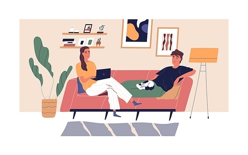 Young happy couple relaxing on comfy sofa in living room. Spending time together in apartment. Woman with laptop and man with cat on his knees. People sitting on couch. Flat vector illustration.
