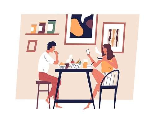 Happy young couple eating meal together in Scandinavian interior. Man and woman taking lunch at dining table. People enjoying breakfast at home. Everyday routine. Flat vector illustration.