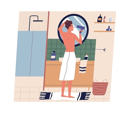Yong man drying hair with hairdryer in bathroom. Guy standing with bath towel on hips and looking at mirror while using blow dryer. Daily morning routine. Everyday hygiene. Flat vector illustration.
