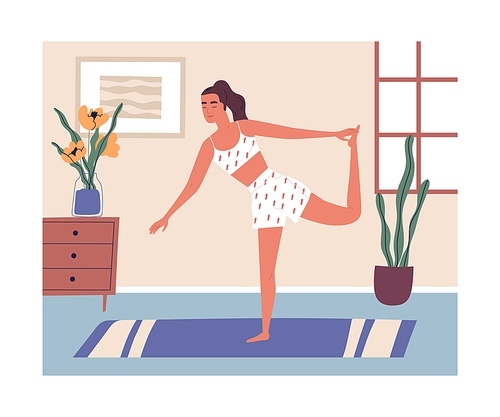 Young modern woman doing workout at home. Calm lady with closed eyes in yoga posture. Female performing aerobics exercise in the morning. Daily sport routine, activity. Flat vector illustration.