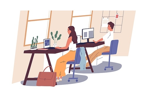 People working in office. Man and woman sitting at desks with laptop and computer. Workplace with modern interior. Daily routine. Everyday company life. Colorful flat vector illustration.