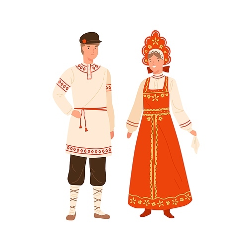Woman and man wearing russian national costume. Female character in kokoshnik and traditional sarafan. Male person in bast shoes and ornamented shirt. Flat vector illustration isolated on white.
