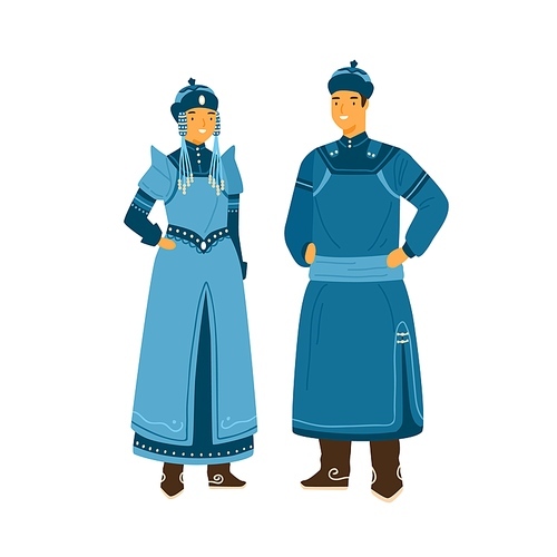 Man and woman wearing traditional mongolian costume. Female character in decorated headdress and national dress. Male person in hat and deel. Flat vector illustration isolated on white .