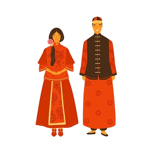 Asian couple wearing traditional chinese costumes. Female character in decorated national dress. Male person in hat and ornamented apparel. Flat vector illustration isolated on white .